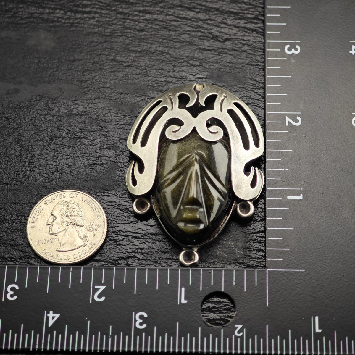 Carved Obsidian Face Sterling Silver Brooch/Pendant P3127