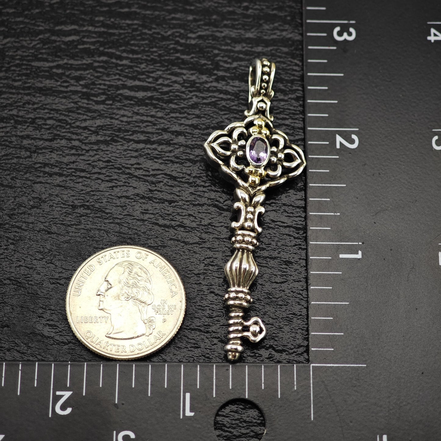 18K Gold Accent Amethyst Key Pendant Samuel Benham Sterling Silver