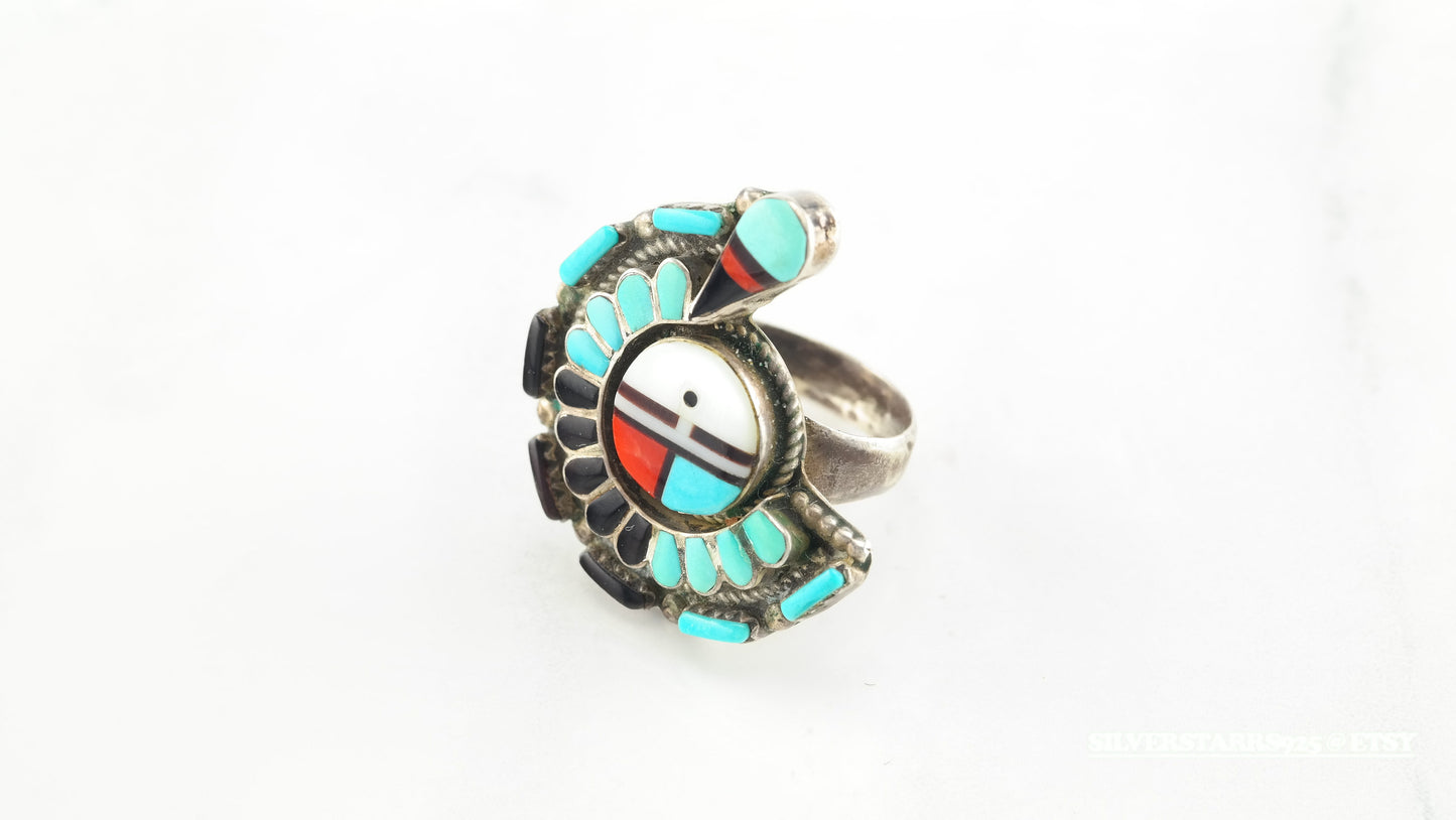 Vintage Zuni Sterling Silver Ring Size 8.25 Blue, White, Red, Black Turquoise Inlay