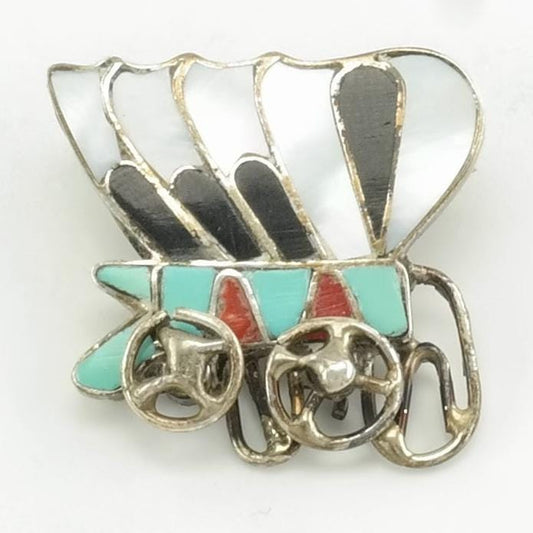 Vintage Zuni Sterling Silver Brooch Inlay, Wagon, Articulated Wheels MOP, Onyx, Turquoise