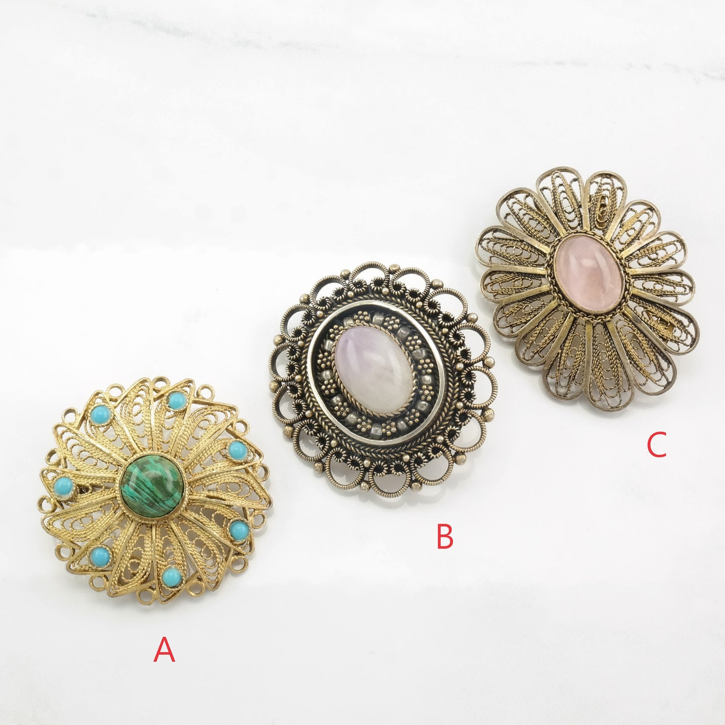 Choice of Israeli Sterling Silver Brooch Pendant Rose Quartz, Chrysocolla, Faux Turquoise, Filigree