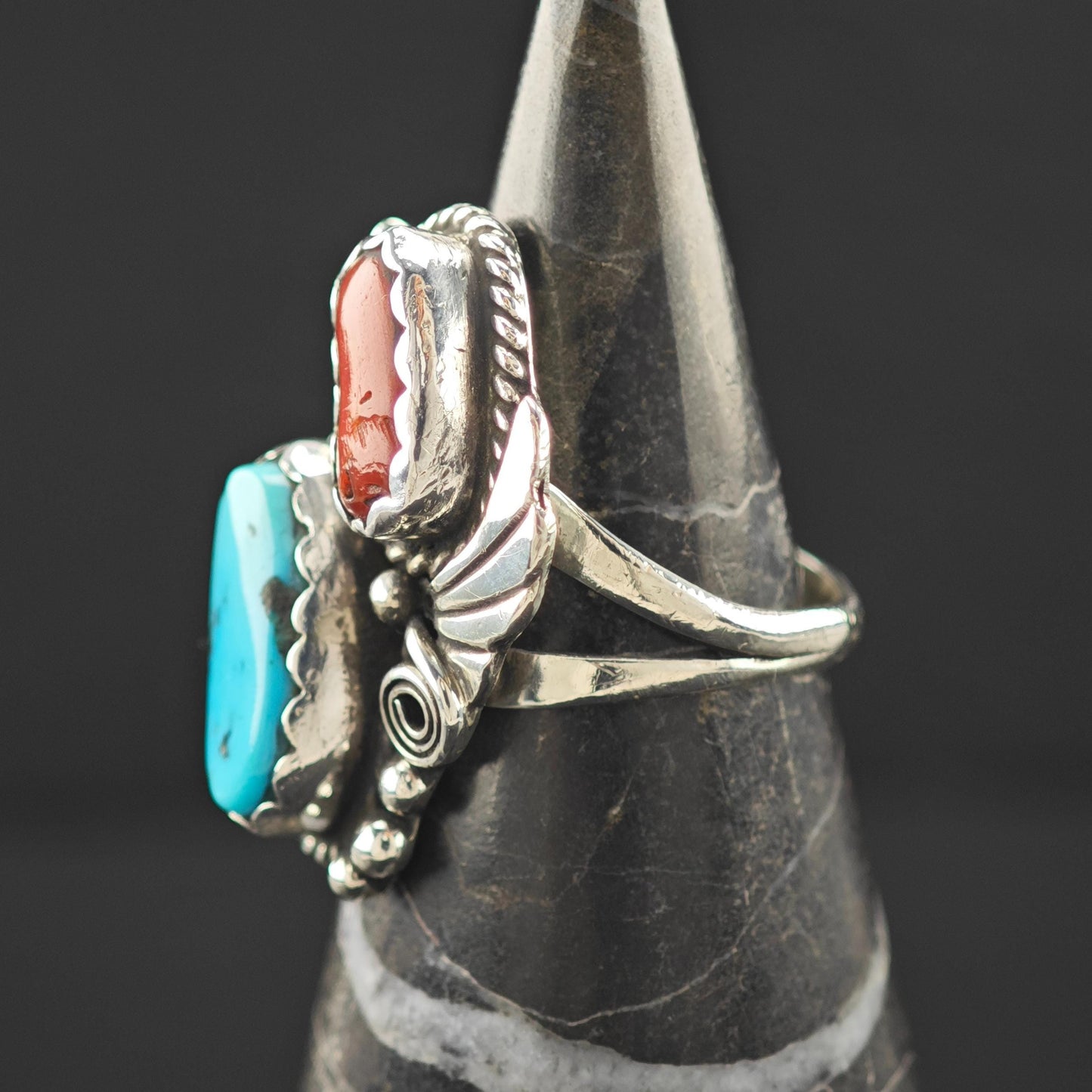Native American Turquoise Coral Ring Sterling Silver