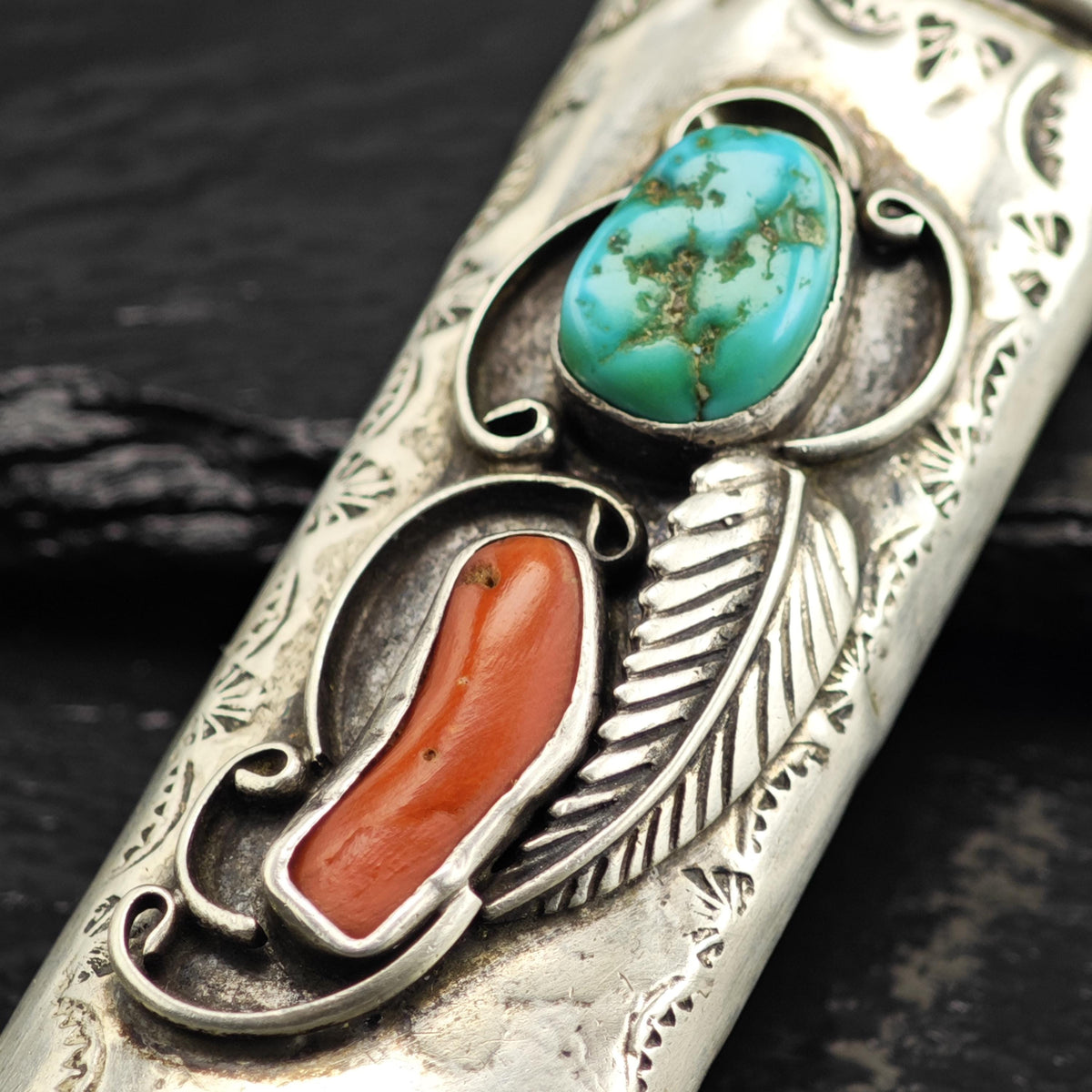 Native American Lighter Cover Turquoise Coral Feather Design Sterling Silver MISC0404