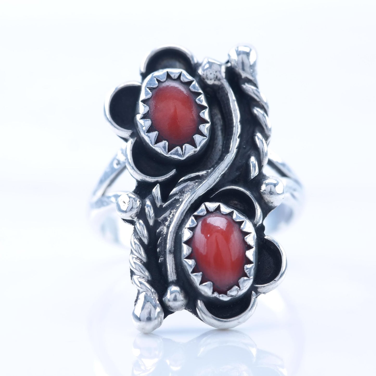 Sw Silver Ring Coral Floral, Shadow Box Sterling Red Sz5 R5418