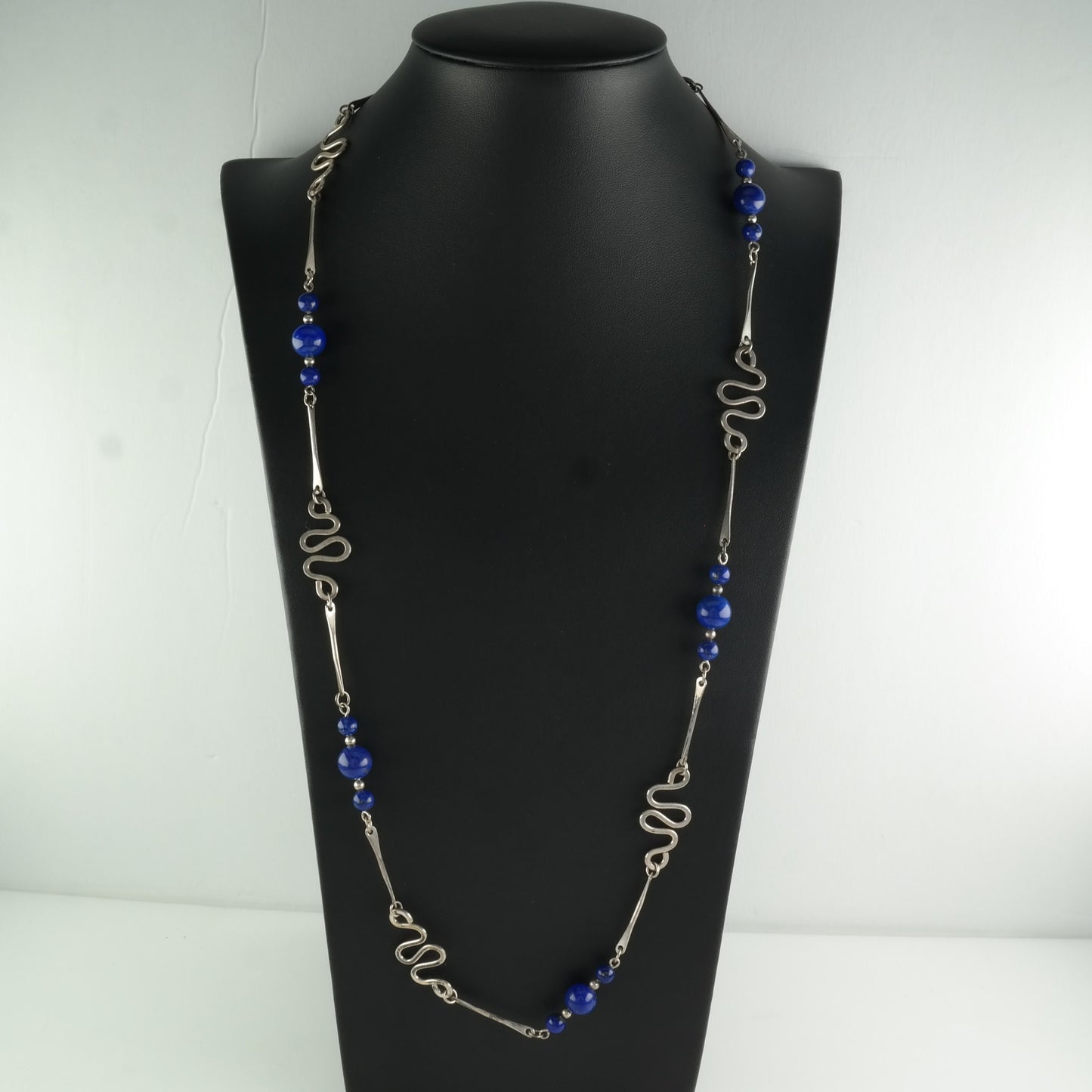 Vintage MCM, Studio Style Sterling Silver Blue Lapis Lazuli Snake Necklace