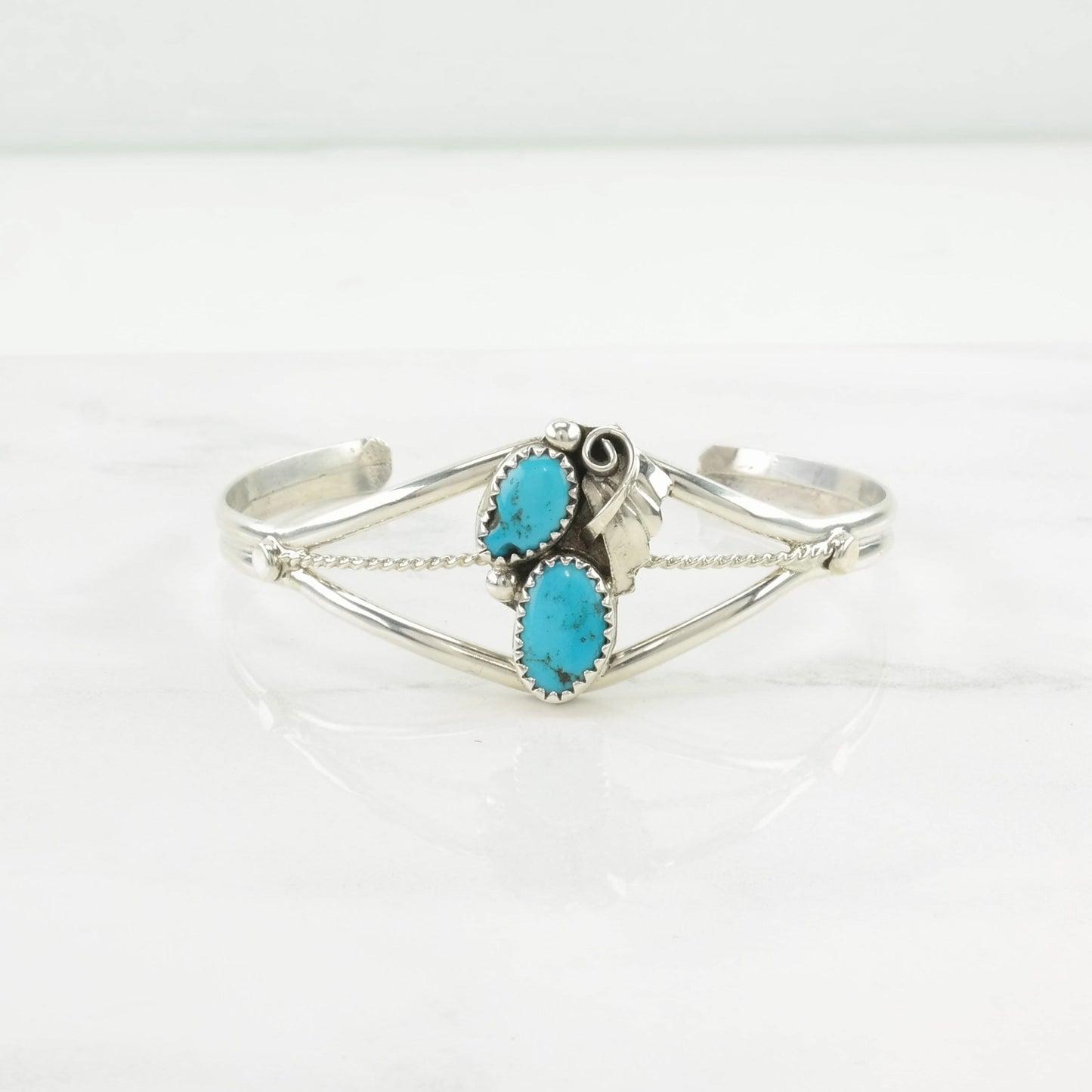 Native American Sterling Silver Cuff Bracelet Blue Turquoise Two Stone, Leaf