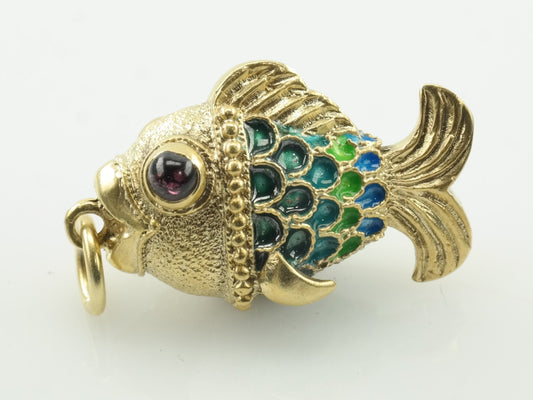 Vintage Enamel Garnet Fish Sterling Silver Pendant