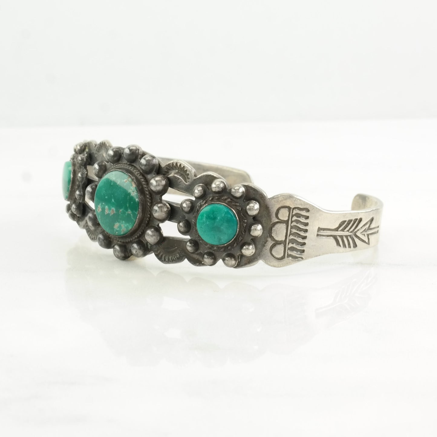 Fred Harvey Era Sterling Silver Cuff Bracelet Green Pilot Mountain, Turquoise Floral