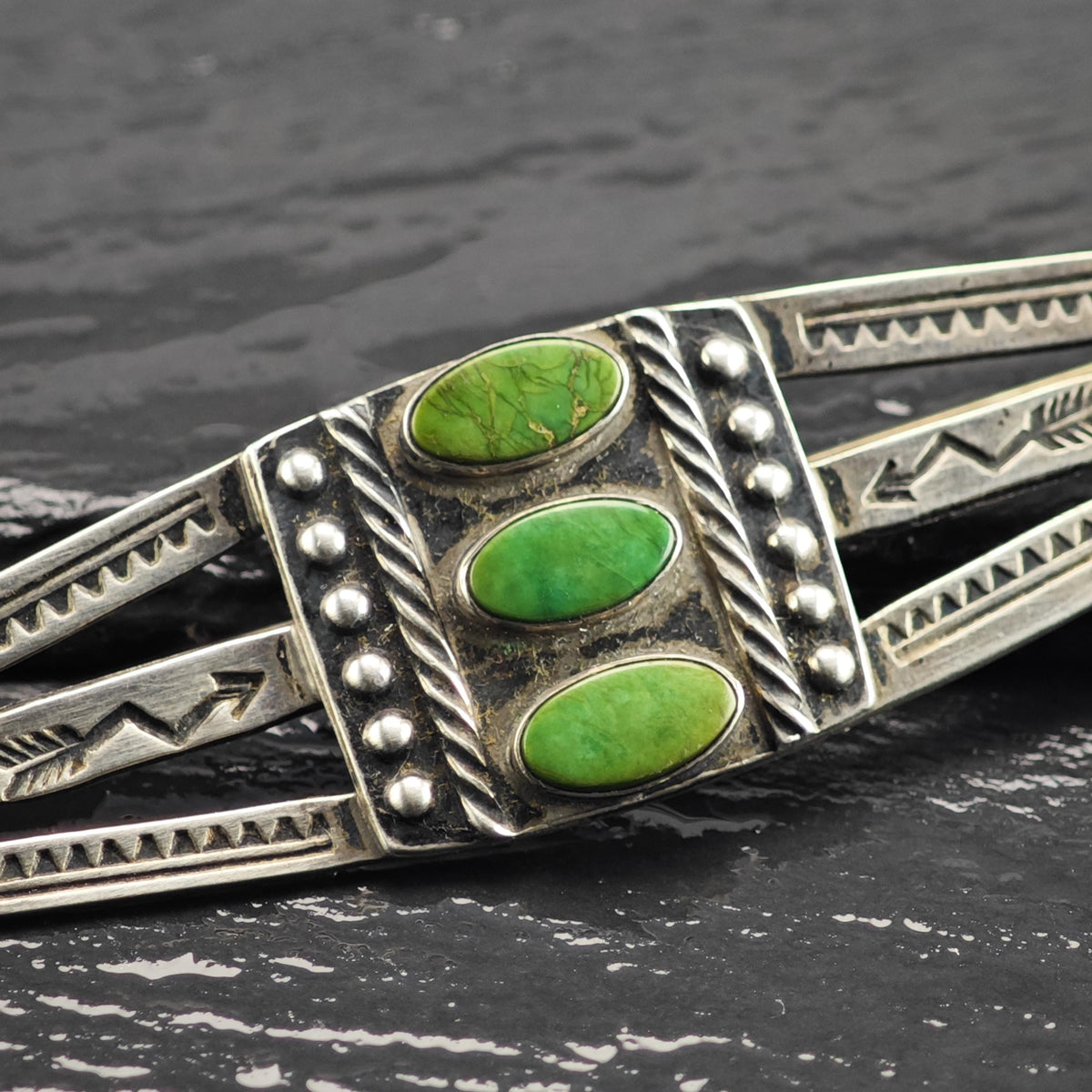 Fred Harvey Era Green Turquoise Stamped Sterling Silver Brooch B2271