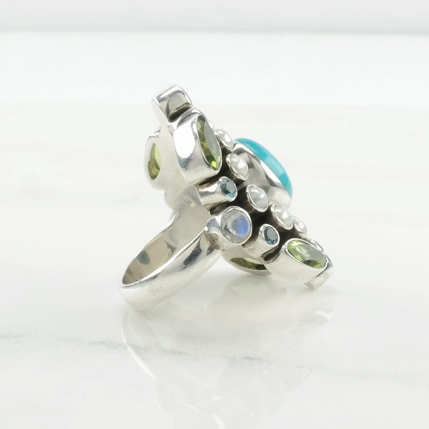 Nicky Butler Silver Ring Turquoise, Pearl, Peridot Cluster Sterling Size 7 1/4