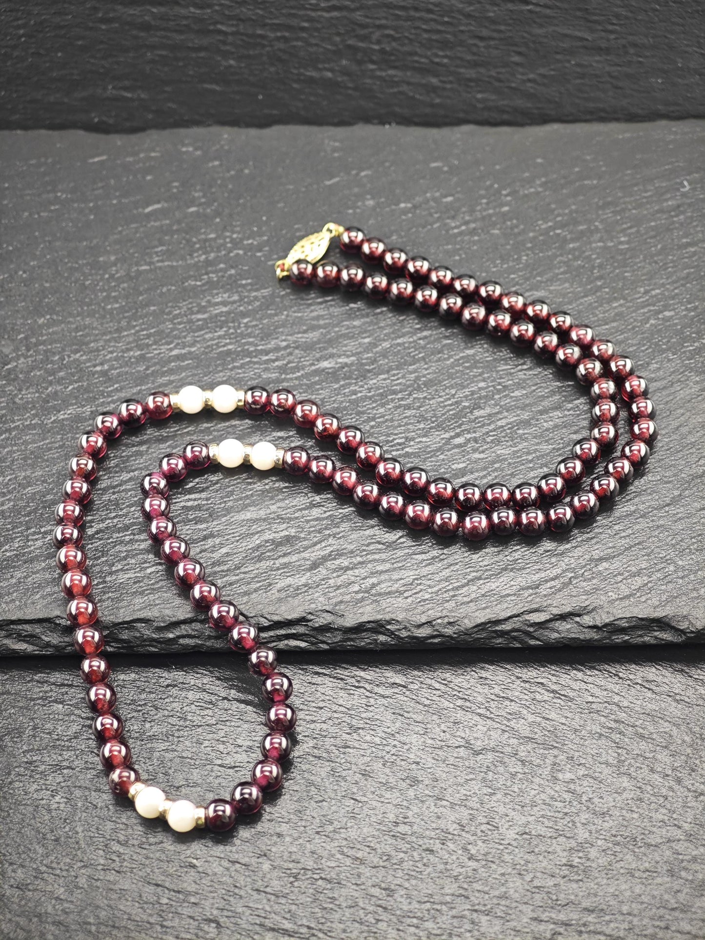 Multi-color Garnet, Pearl 14k Gold Clasp, Beaded Necklace Sterling Silver N2471