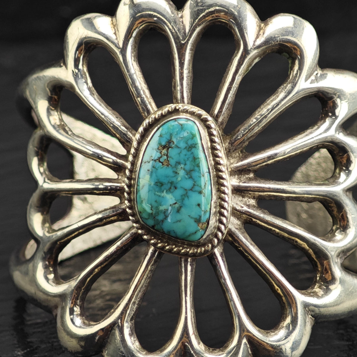 Vintage Native American Turquoise Sand Cast Flower Sterling Silver Cuff Sz 5 3/4" BR3127