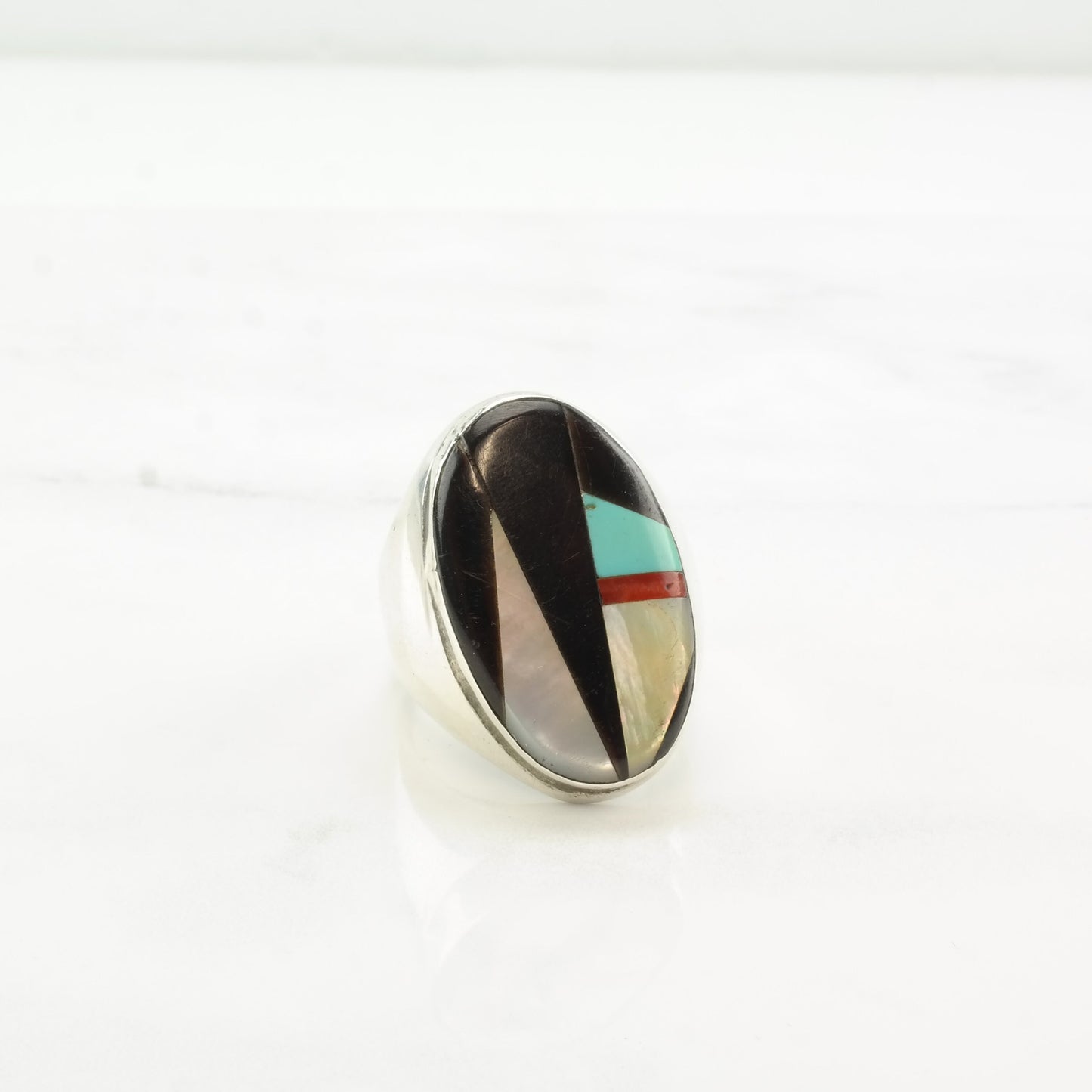 Native American Silver Ring MOP Turquoise Jet Coral Inlay Sterling Size 11 1/4