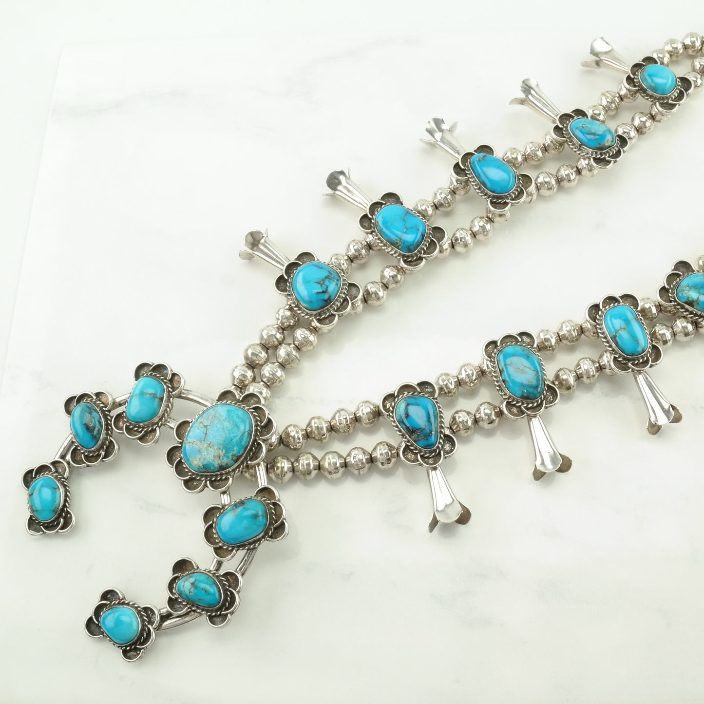 Vintage Native American Yazzie Sterling Silver Blue Turquoise Floral Squash Blossom Necklace