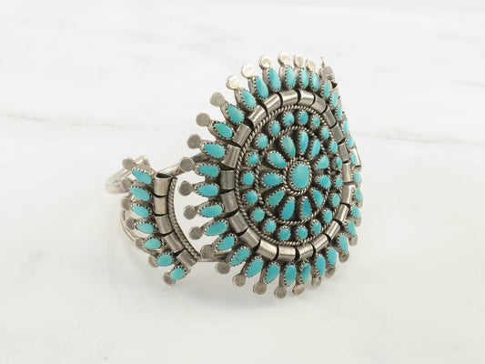 Native American Zuni Sterling Silver Cuff Bracelet Blue Turquoise Cluster