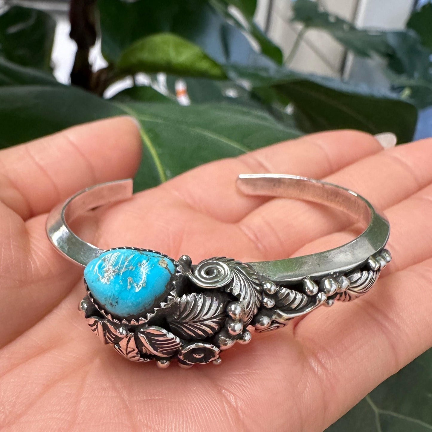Native American Blue Turquoise Floral, Feather Sterling Silver Cuff Bracelet