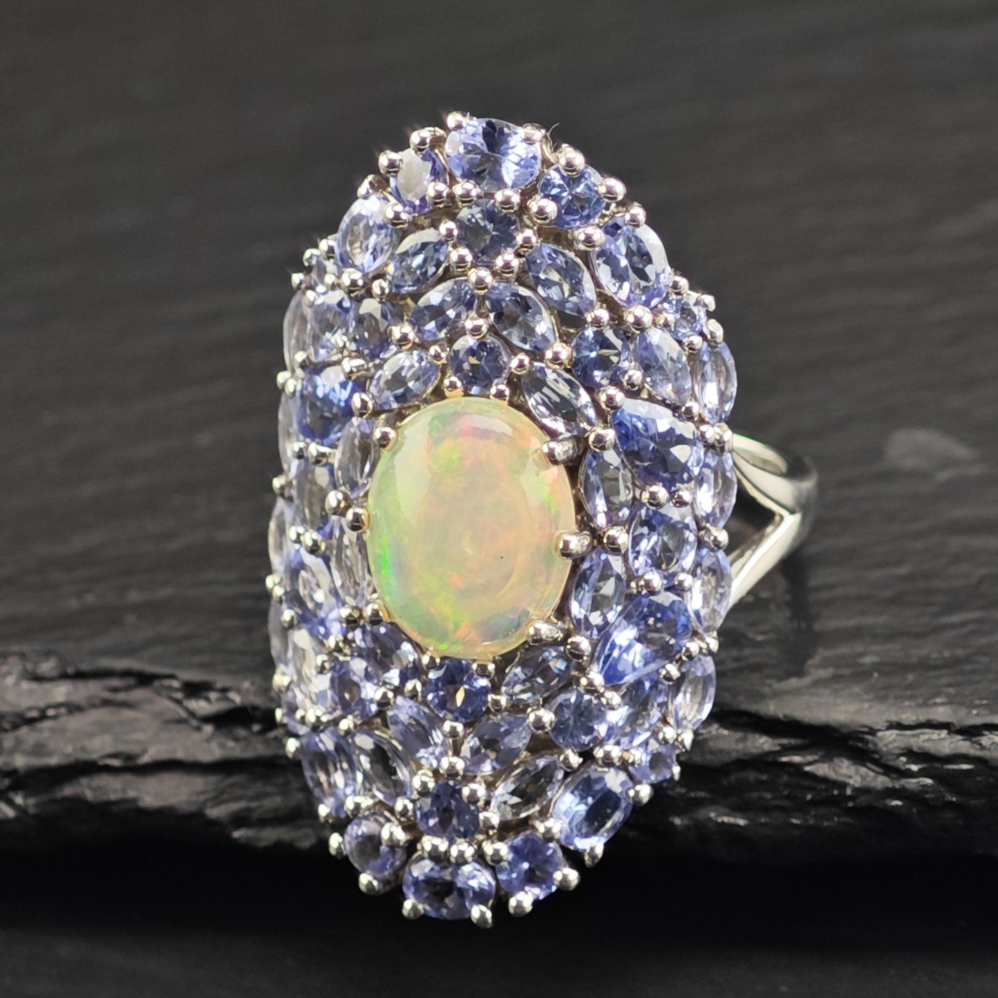 Opal & Tanzanite Cluster Sterling Silver Ring Sz 10 1/4 R6614