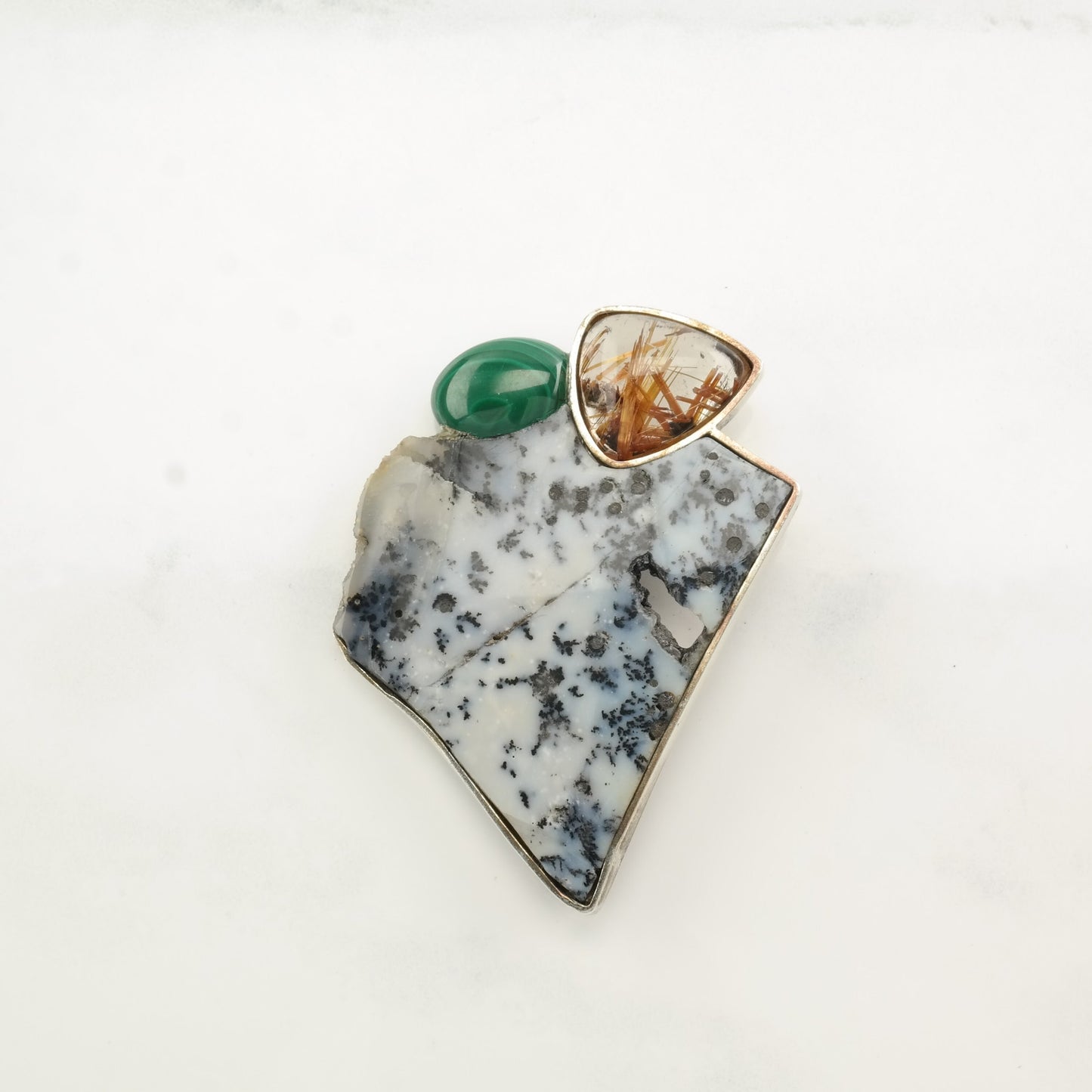 Sterling Silver Brooch Dendric Agate Malachite Rutile Quartz