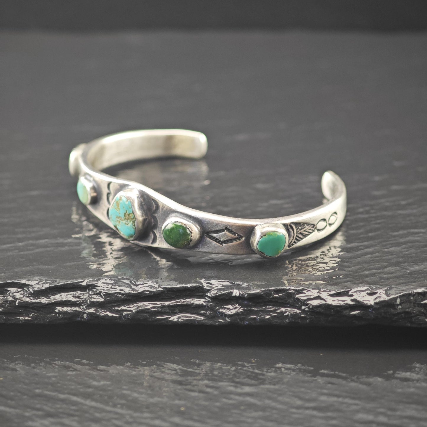 Early 1930's Ingot Silver Child Cuff Bracelet Native American Green Turquoise