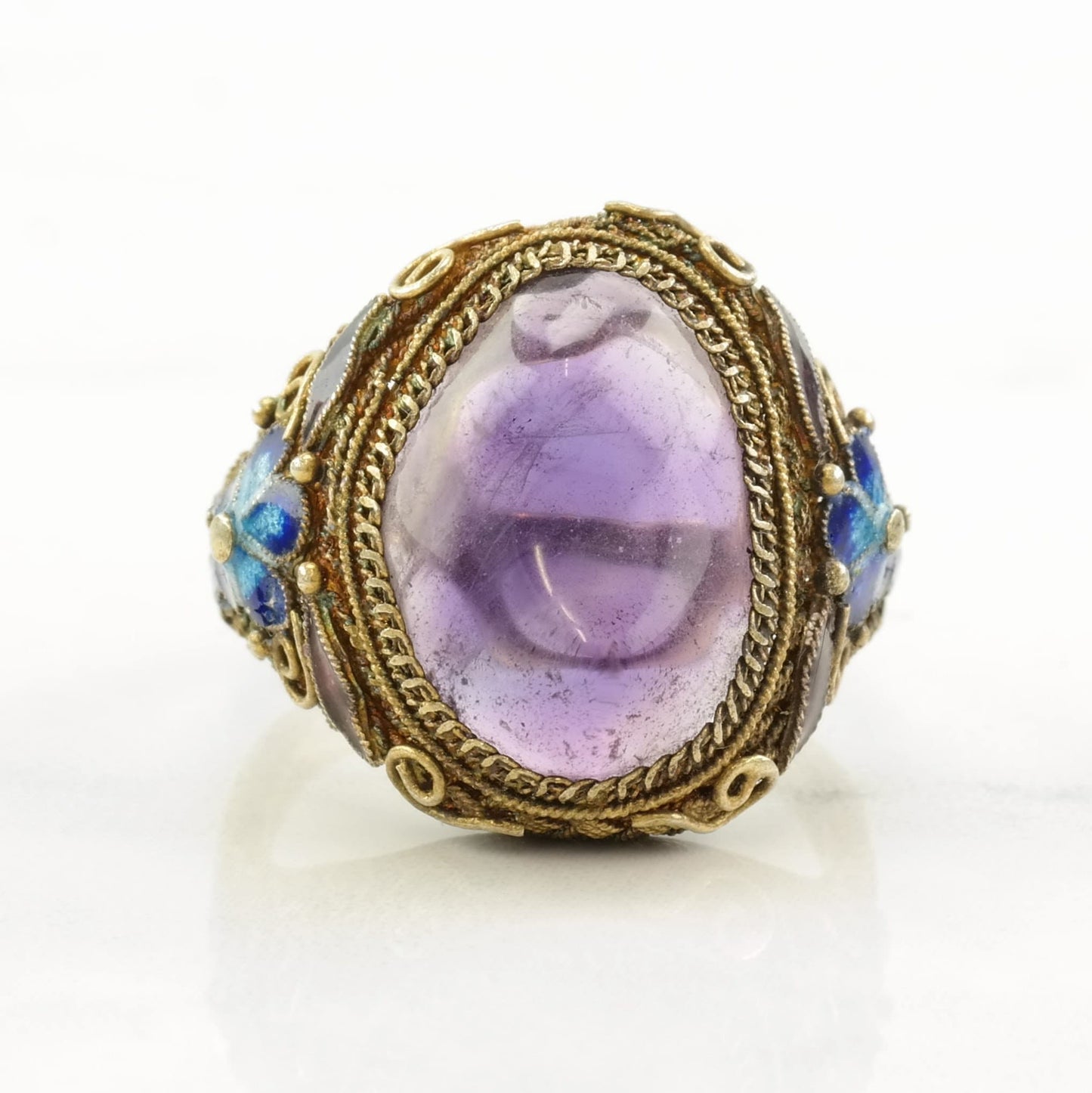 Sterling Silver Ring Amethyst Enamel, Flower, Gold Tone Size 9 1/2