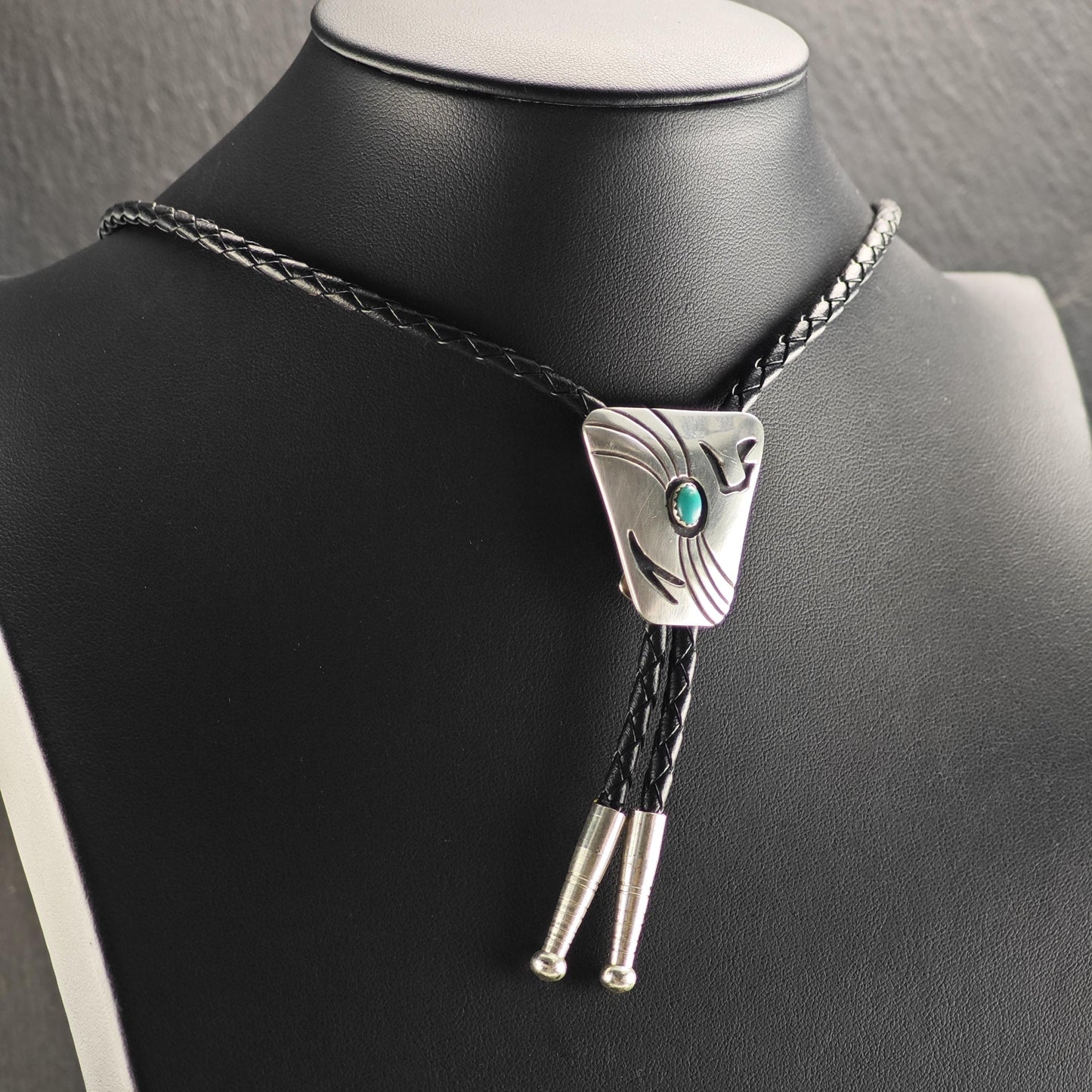 Vintage Native American Sterling Silver Turquoise Overlay Bolo Tie Necklace N2741