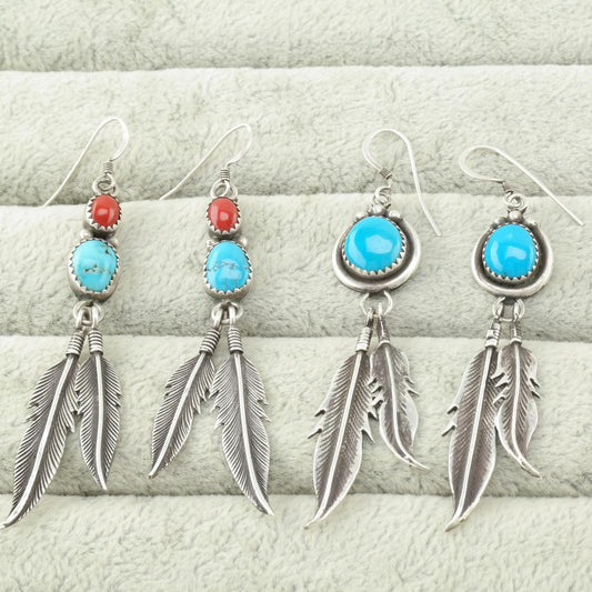 Vintage Choice Native American Turquoise, Coral Long Earrings With Dangles Sterling Silver