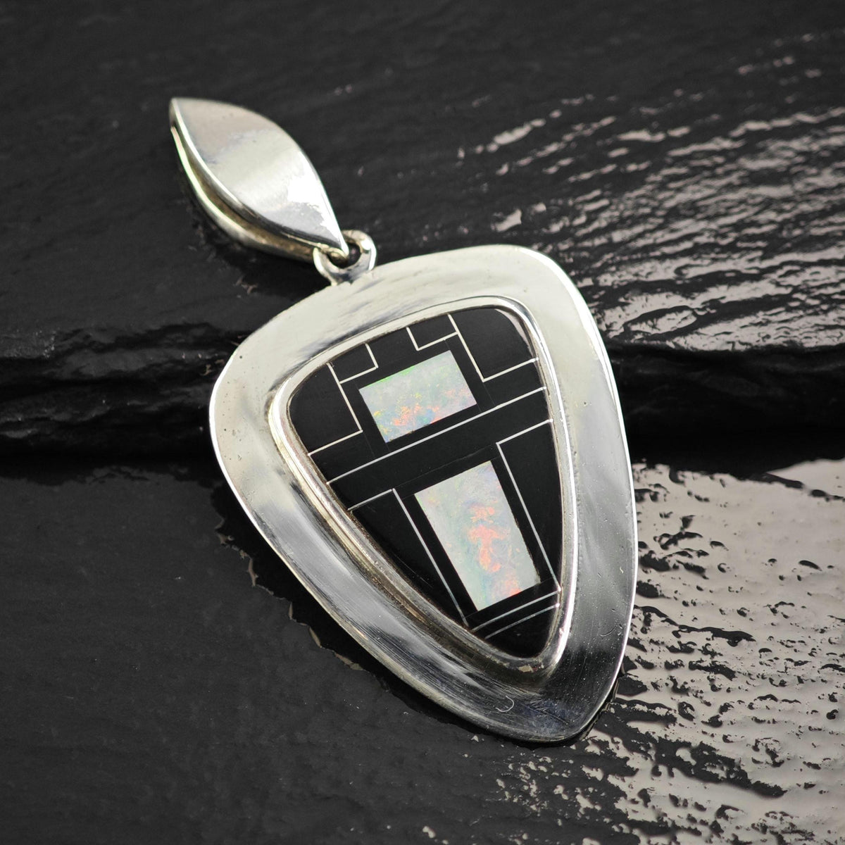 Navajo Opal Onyx Inlay Sterling Silver Pendant, Harold Stevens Jr. P3149