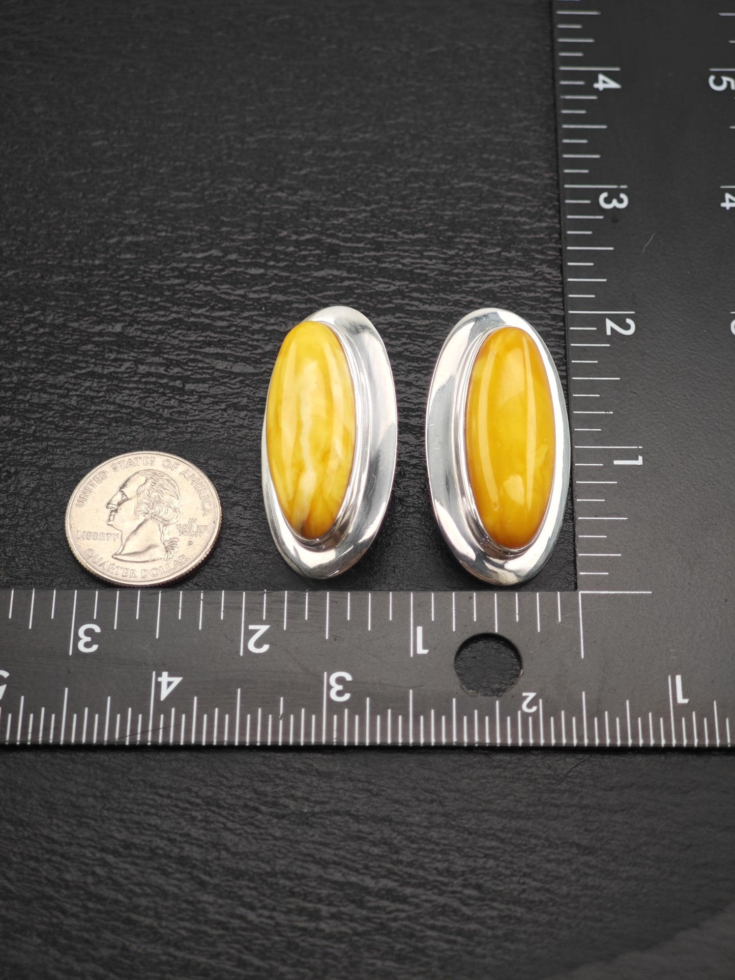 Large Oval Sterling Silver Butterscotch Amber StudClip-On Earrings MODERNIST Design