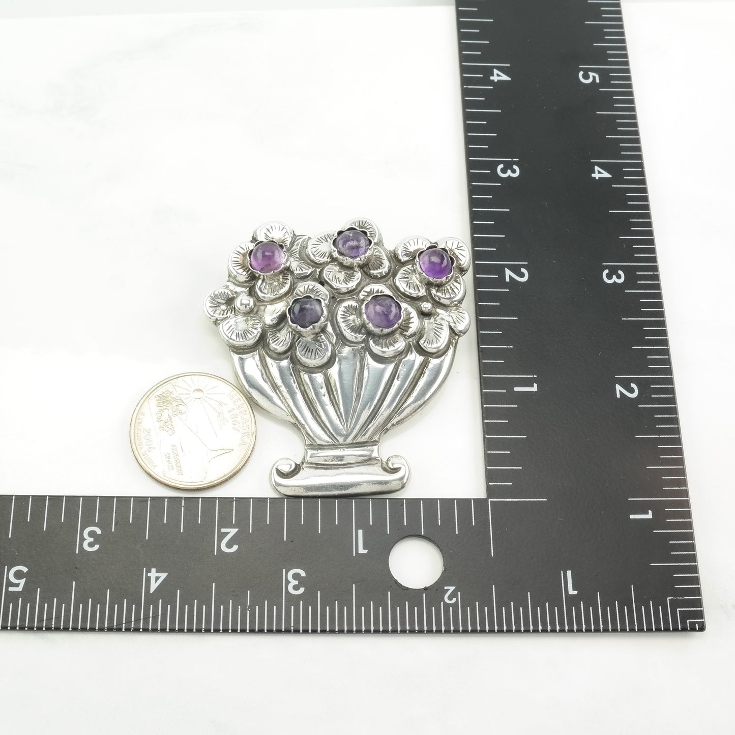 Taxco Sterling Silver Brooch Flower Basket Amethyst