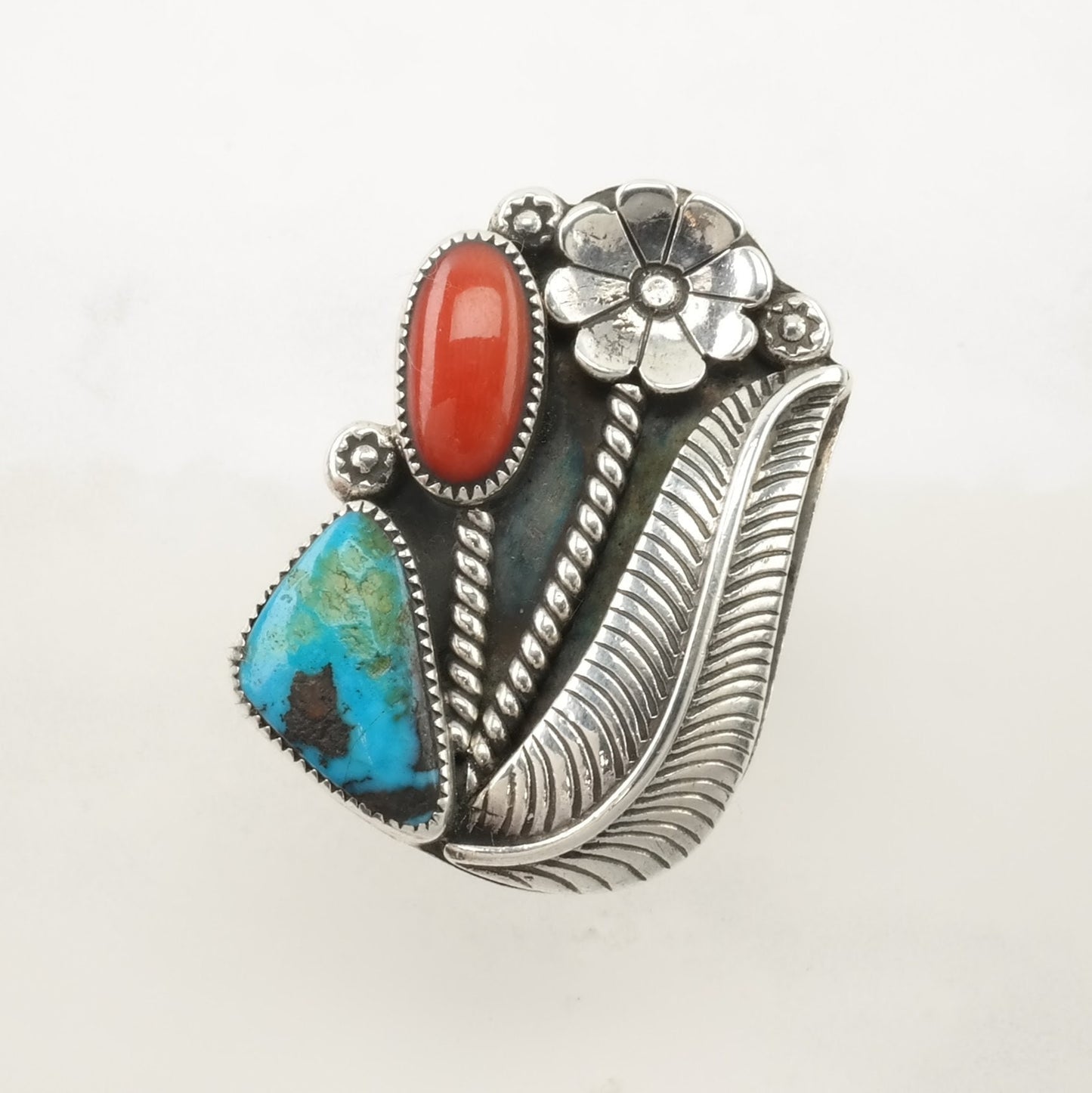 Native American Silver Ring Turquoise, Coral Flowers Sterling Size 8 3/4