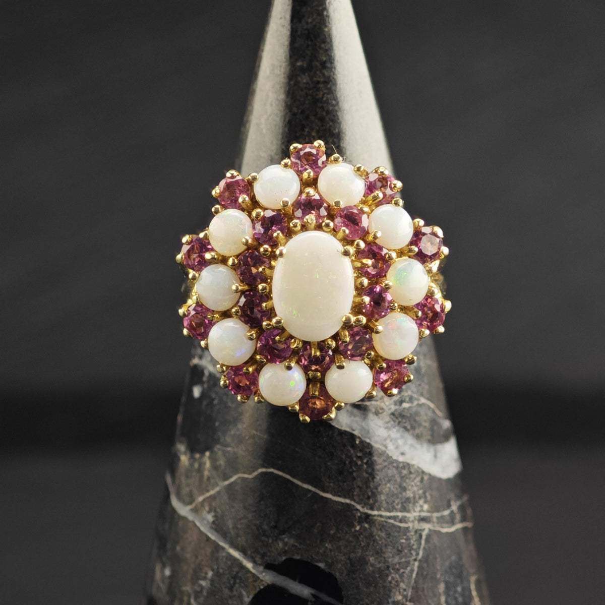 Natural Opal Pink Tourmaline Cluster 10K Gold Ring Sz 6 3/4 R6767