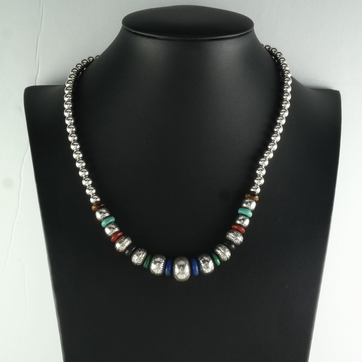 Carolyn Pollack Sterling Silver Malachite, Jet, Coral, Lapis Lazuli, Turquoise, Tiger's Eye Beaded Necklace