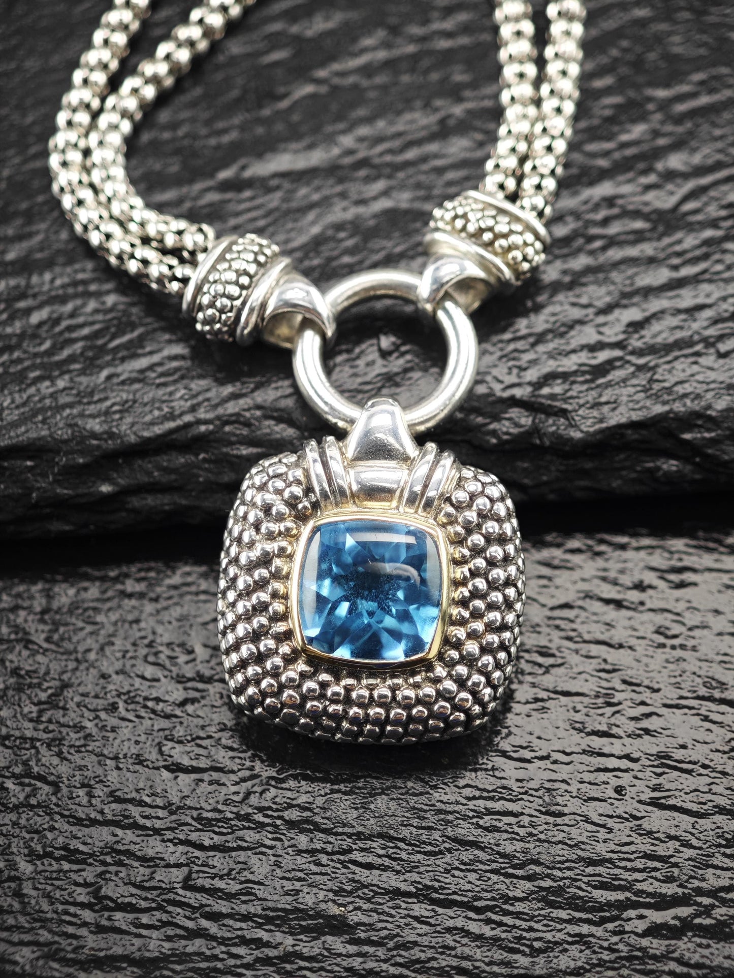 Designer Blue Topaz, 14k Gold Bezel Necklace Sterling Silver N2487