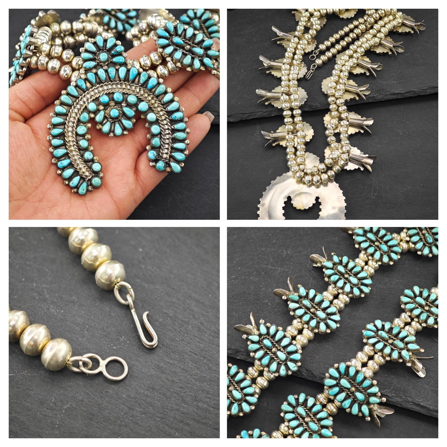 Native American Turquoise Cluster, Squash Blossom Necklace, Cuff, Earrings, Ring Set Sterling Silver