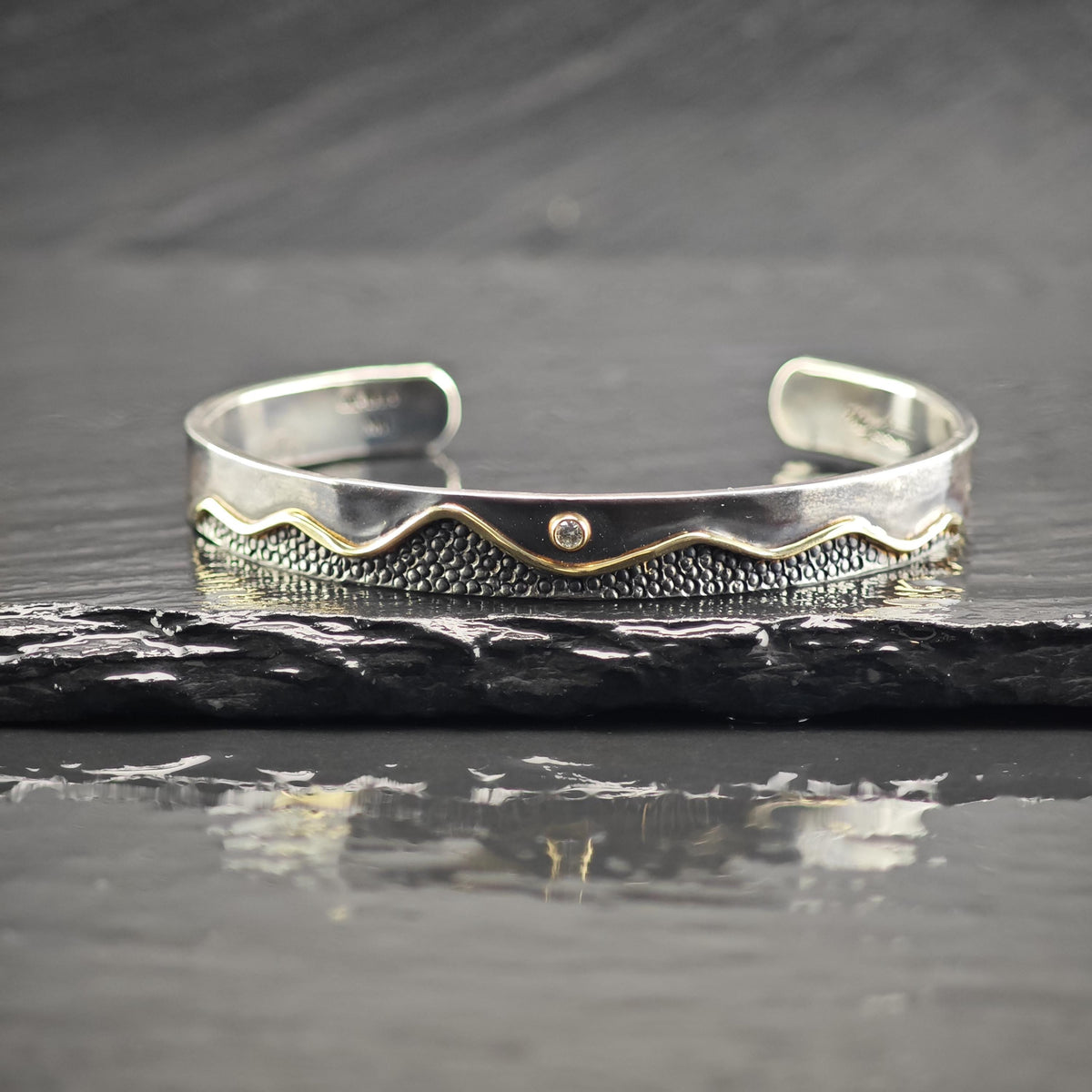 Artist Signed Diamond 14K Gold Accent, Sterling Silver Cuff Bracelet Sz 6" BR3175