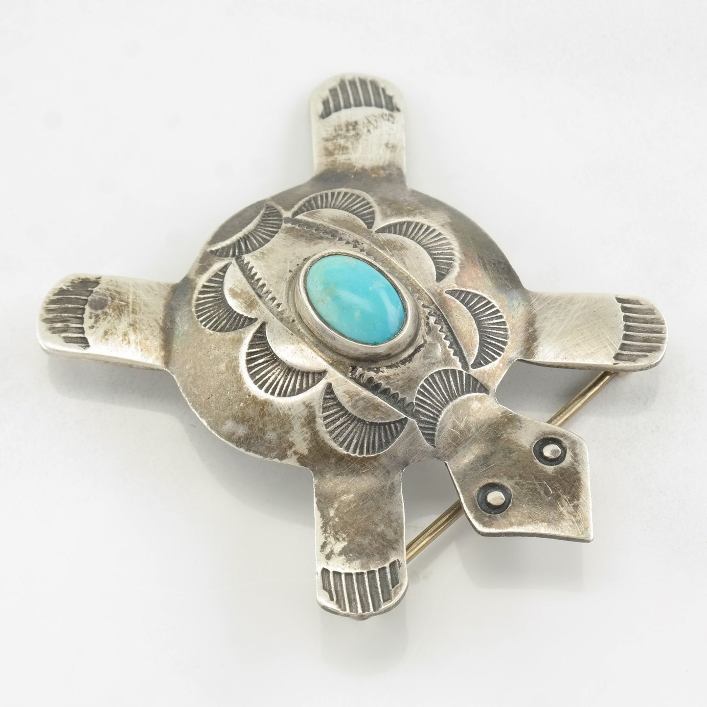 Native American Brooch Turtle, Stamped Turquoise Sterling Silver