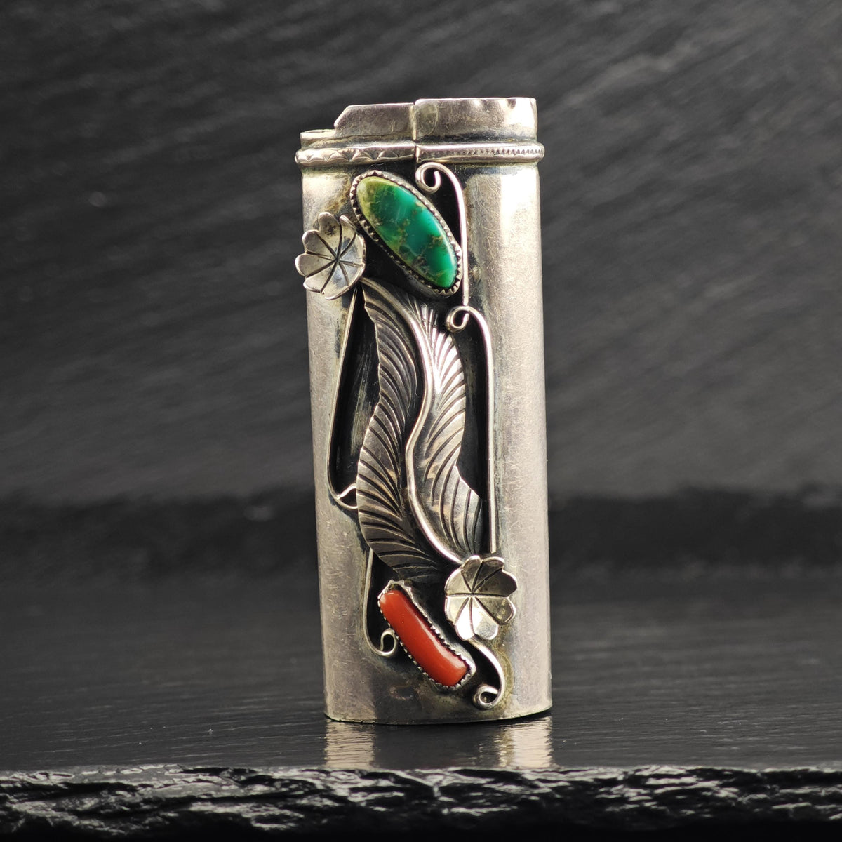 Native American Turquoise & Coral Flora Lighter Cover Sterling Silver MISC0399