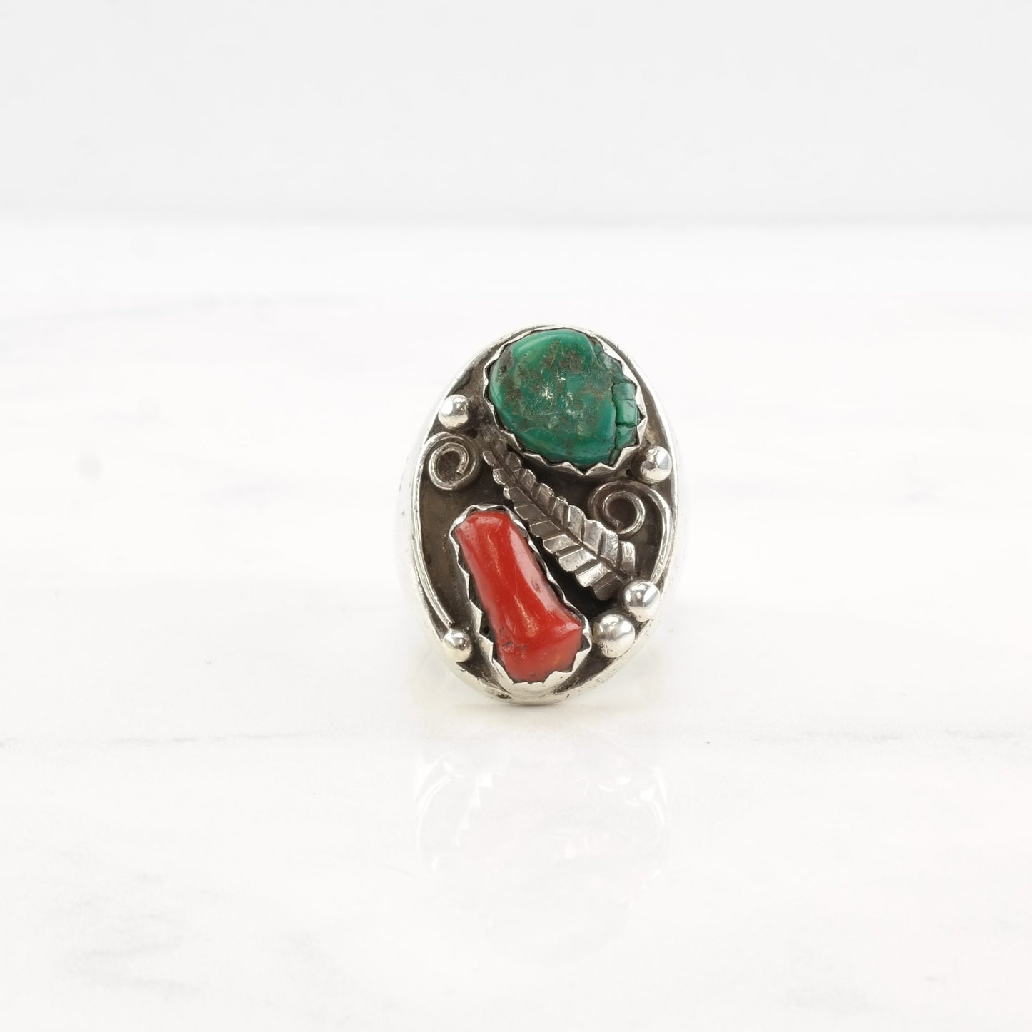 Native American Silver Ring Turquoise Coral Leaf Sterling Size 9 1/2