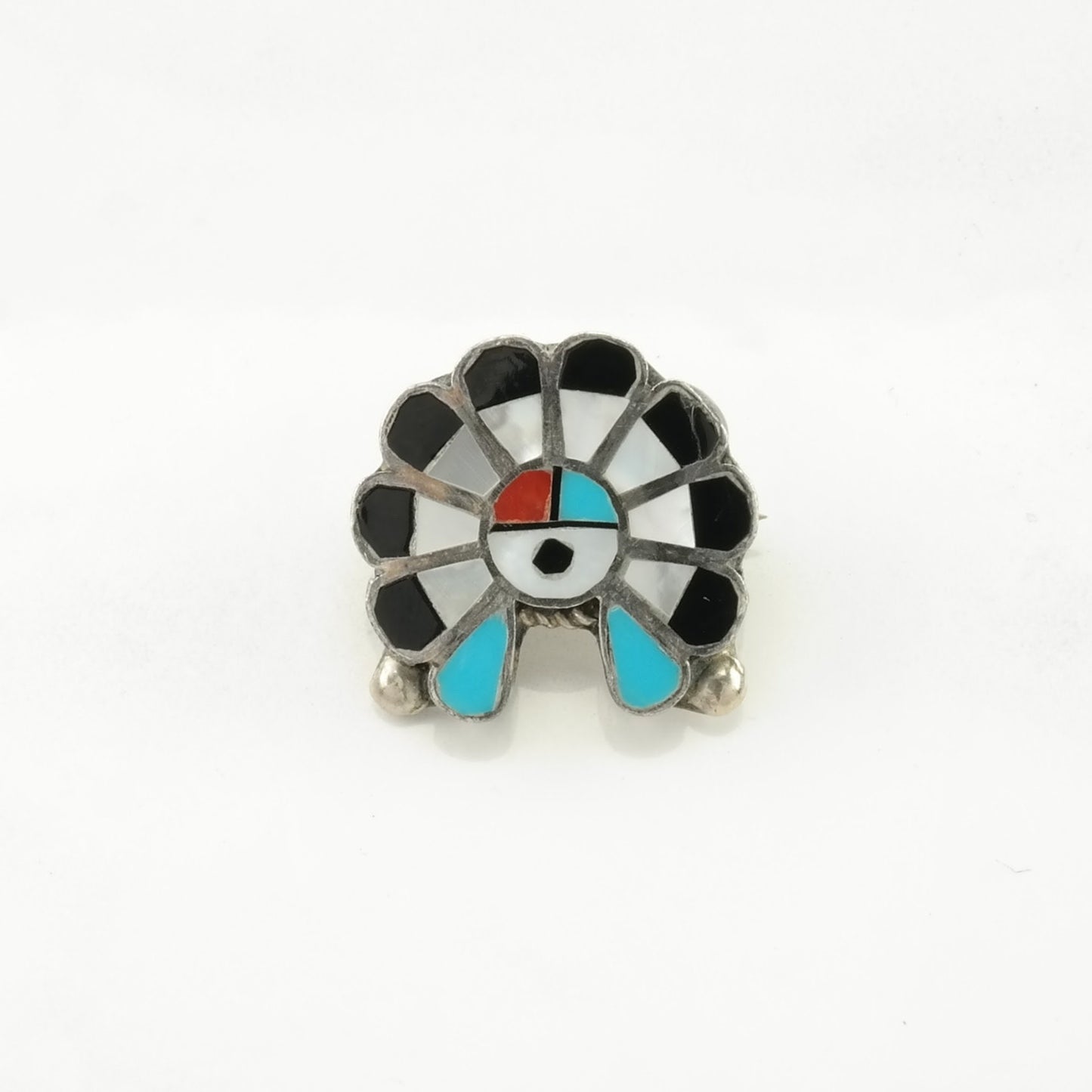 Zuni Sterling Silver Brooch Pendant Inlay Turquoise, MOP, Onyx, Coral