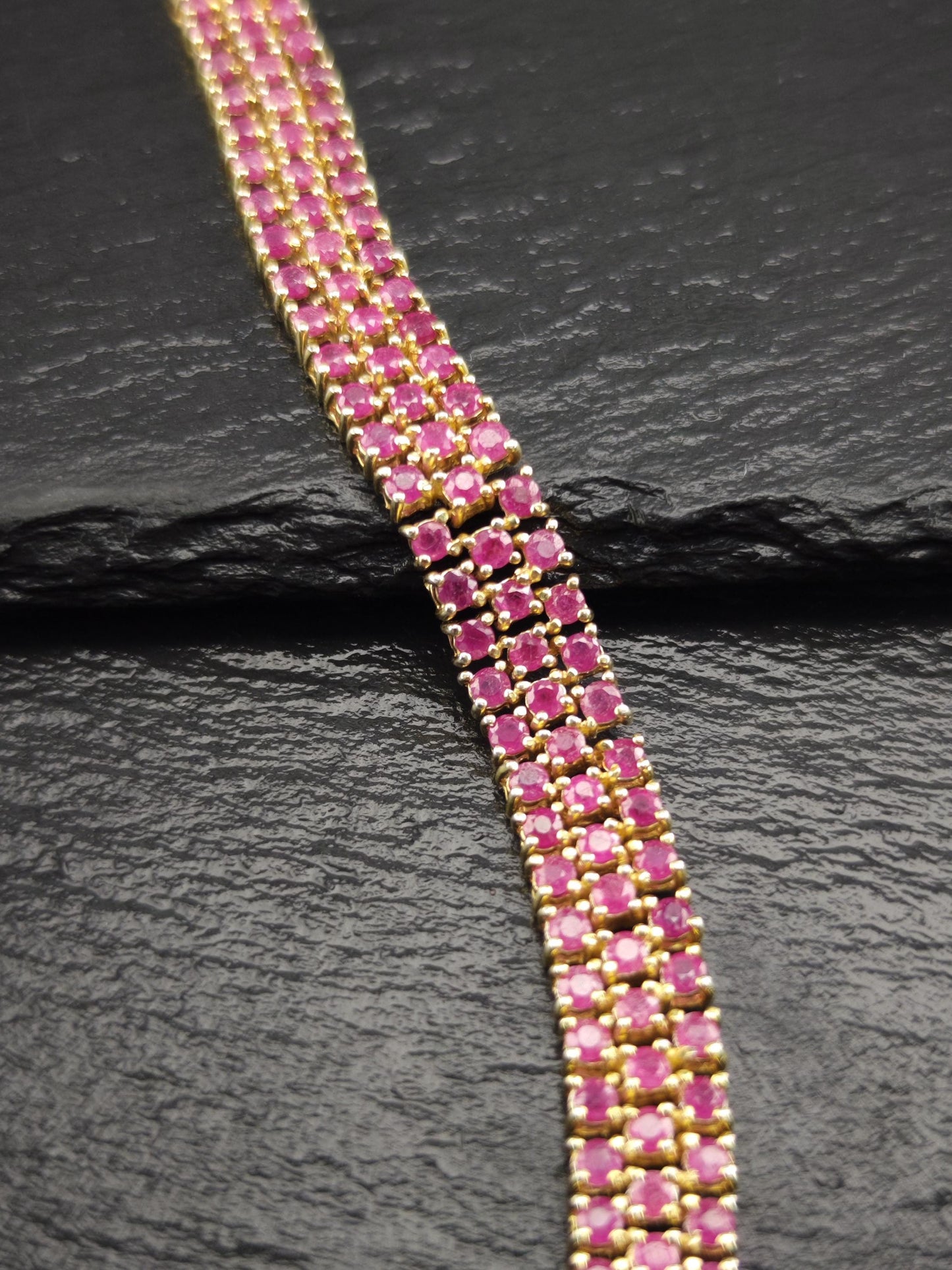 Gold Plated Lead Glass Filled Ruby Three Row Line Bracelet Sterling Silver