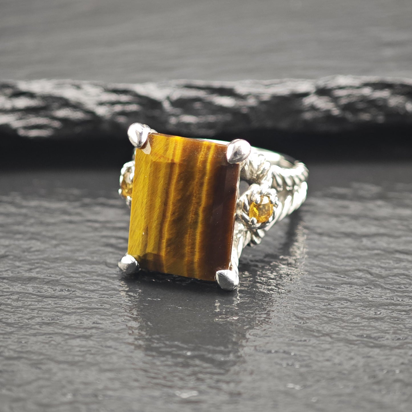 Judith Ripka Tiger's Eye, Citrine Sterling Silver Ring Sz 7 R6742