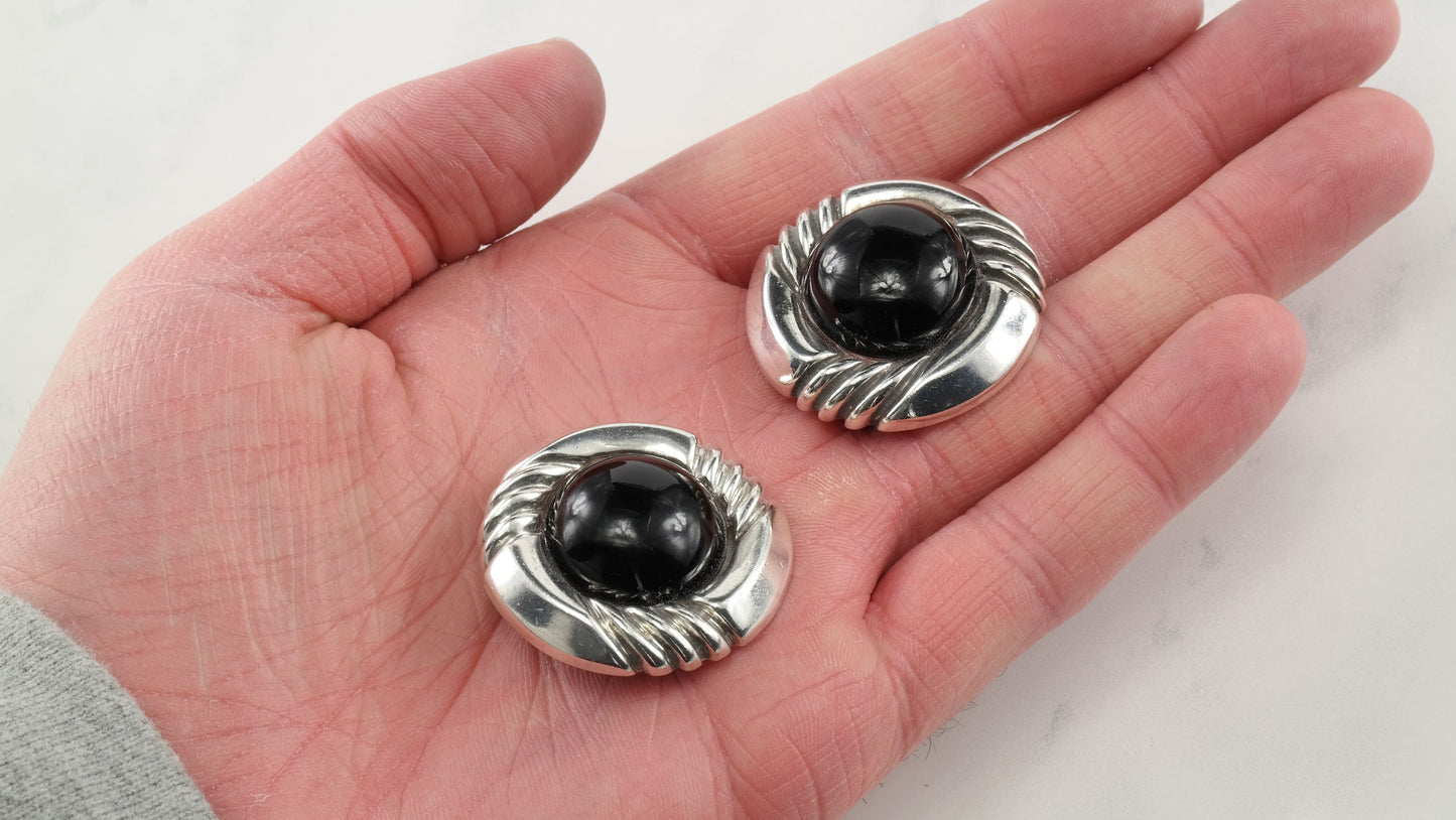 Modernist Sterling Silver Black Onyx Earrings Clip On