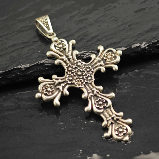 Taxco Floral Cross Sterling Silver Pendant P3138