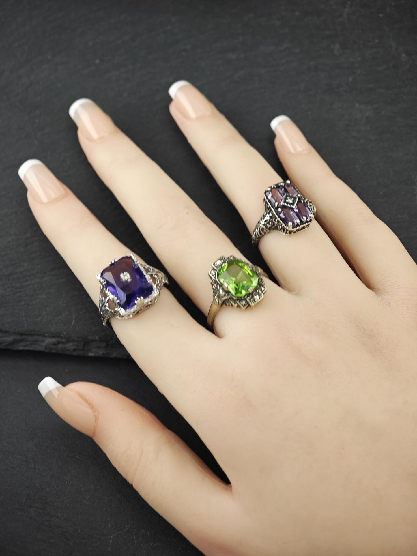 Art Deco Style Amethyst, Diamond Chip Ring Sterling Silver