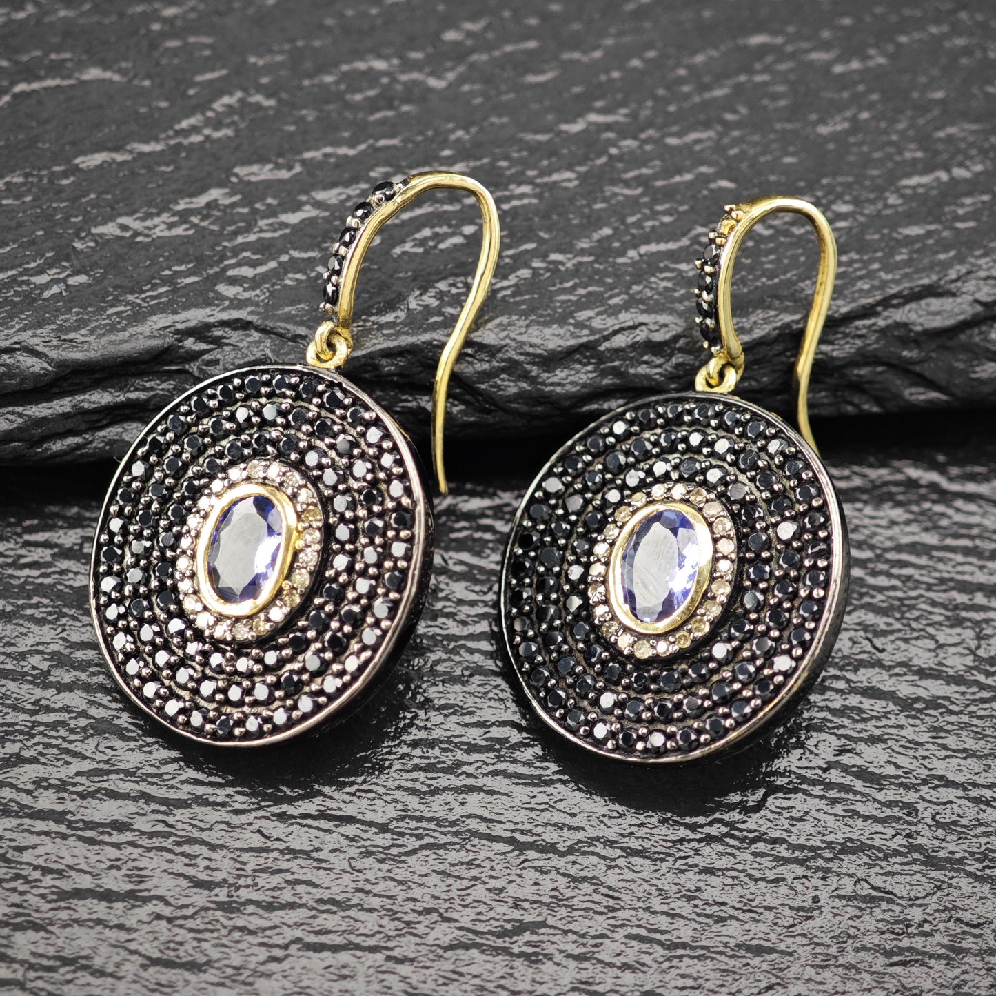 MLD Black, blue, Gold Tanzanite, Diamond, Spinel Pave Sterling Silver Dangle Earrings