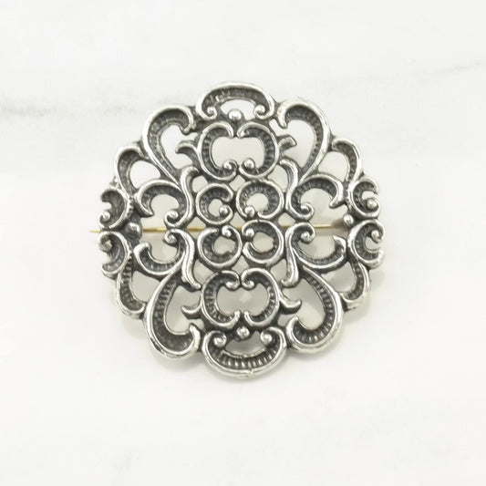 Baroque European Sterling Silver Brooch Scroll