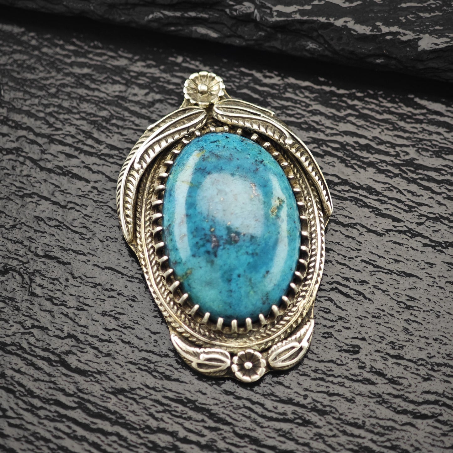 Native Treated Turquoise Floral Pendant Sterling Silver P2797