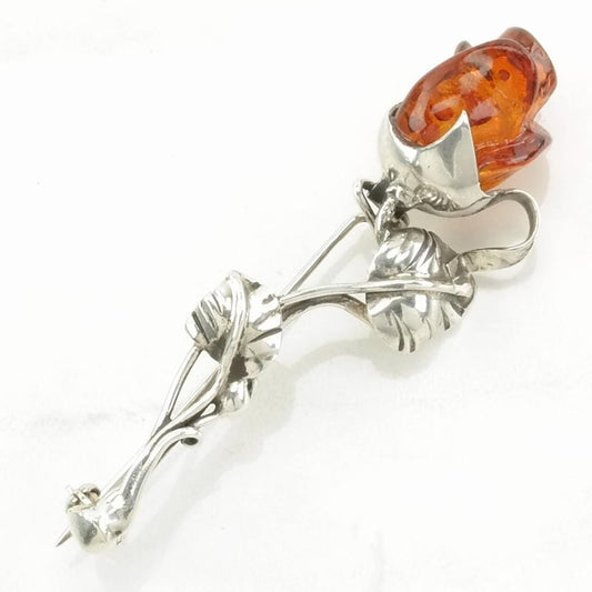 Vintage Orange Silver Brooch Rose Amber Sterling