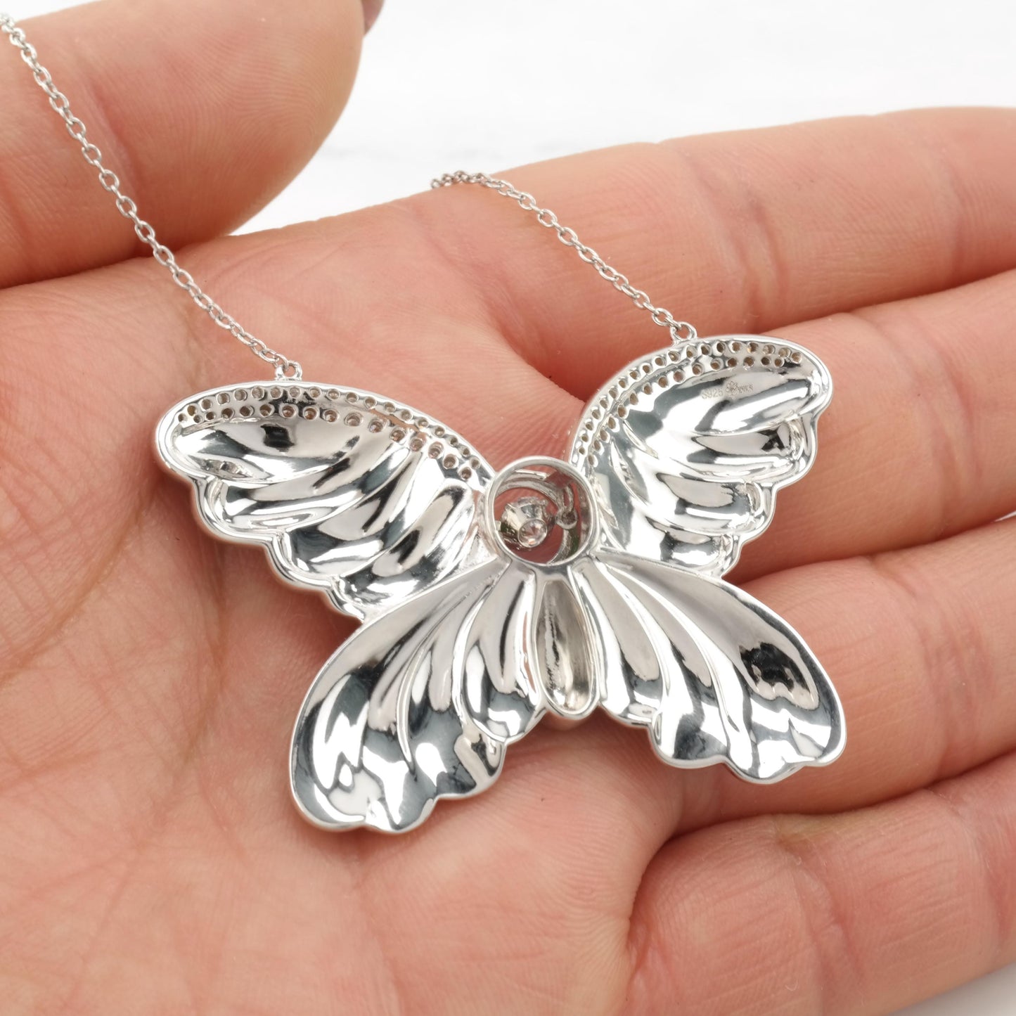 Sterling Silver Enamel Butterfly Dangling Moissanite Necklace N2418