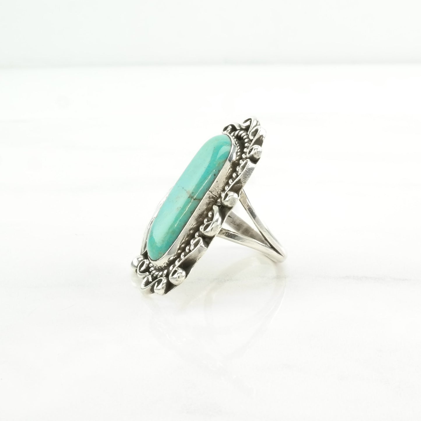 Native American Silver Ring Turquoise Leaf Sterling Blue Size 7